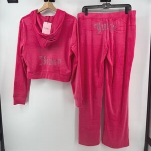 $199 Juicy Couture Large OG Bling Pink Party Velour Tracksuit Crop Hoodie Pants
